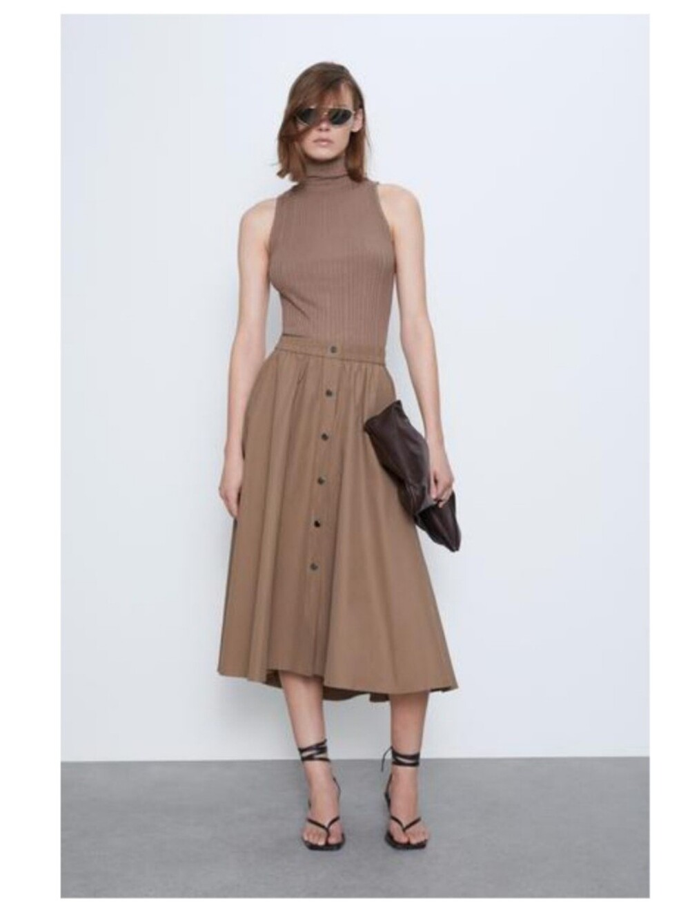 Zara Brown A-Line Button-Front Midi Skirt